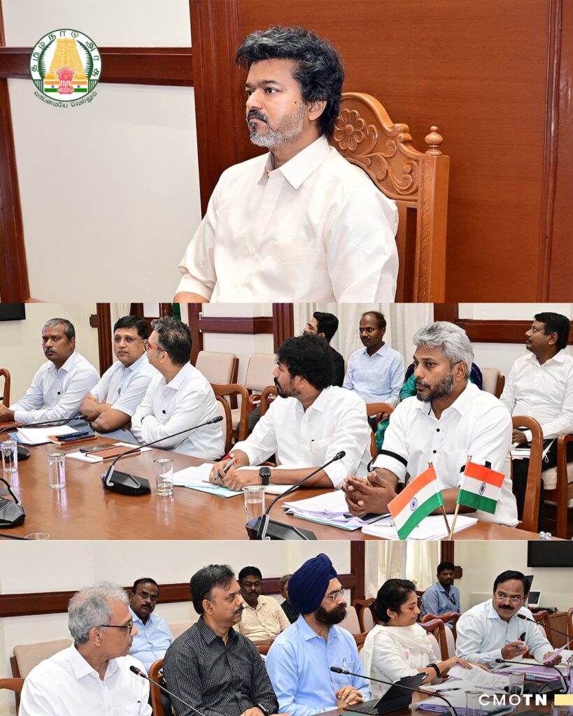 சென்னை தலைமைச் செயலகத்தில் தென்மேற்குப் பருவமழை, குடிநீர் விநியோகம் மற்றும் வேளாண் சாகுபடி நிலை குறித்து நடைபெற்ற உயர்மட்ட ஆய்வுக்கூட்டத்திற்கு தலைமை தாங்கும் தமிழ்நாடு முதலமைச்சர் தளபதி சி. ஜோசப் விஜய்.