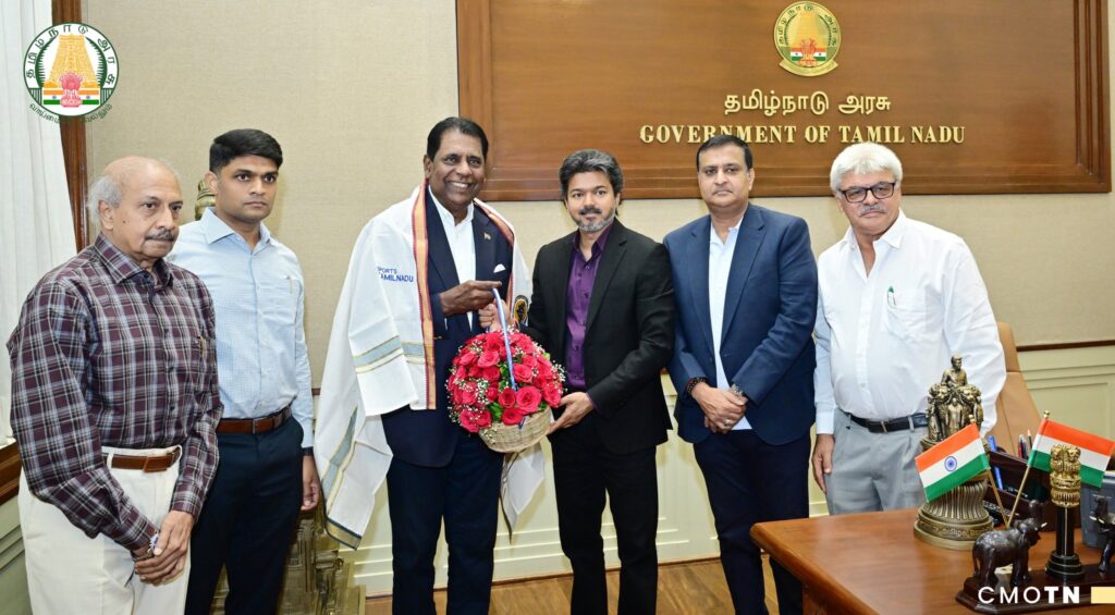 2026 சென்னை ஓபன் WTA-250 மகளிர் டென்னிஸ் போட்டி குறித்து முதலமைச்சர் ச. ஜோசப் விஜயை சந்தித்த தமிழ்நாடு டென்னிஸ் சங்கத் தலைவர் விஜய் அமிர்தராஜ் மற்றும் நிர்வாகிகள்